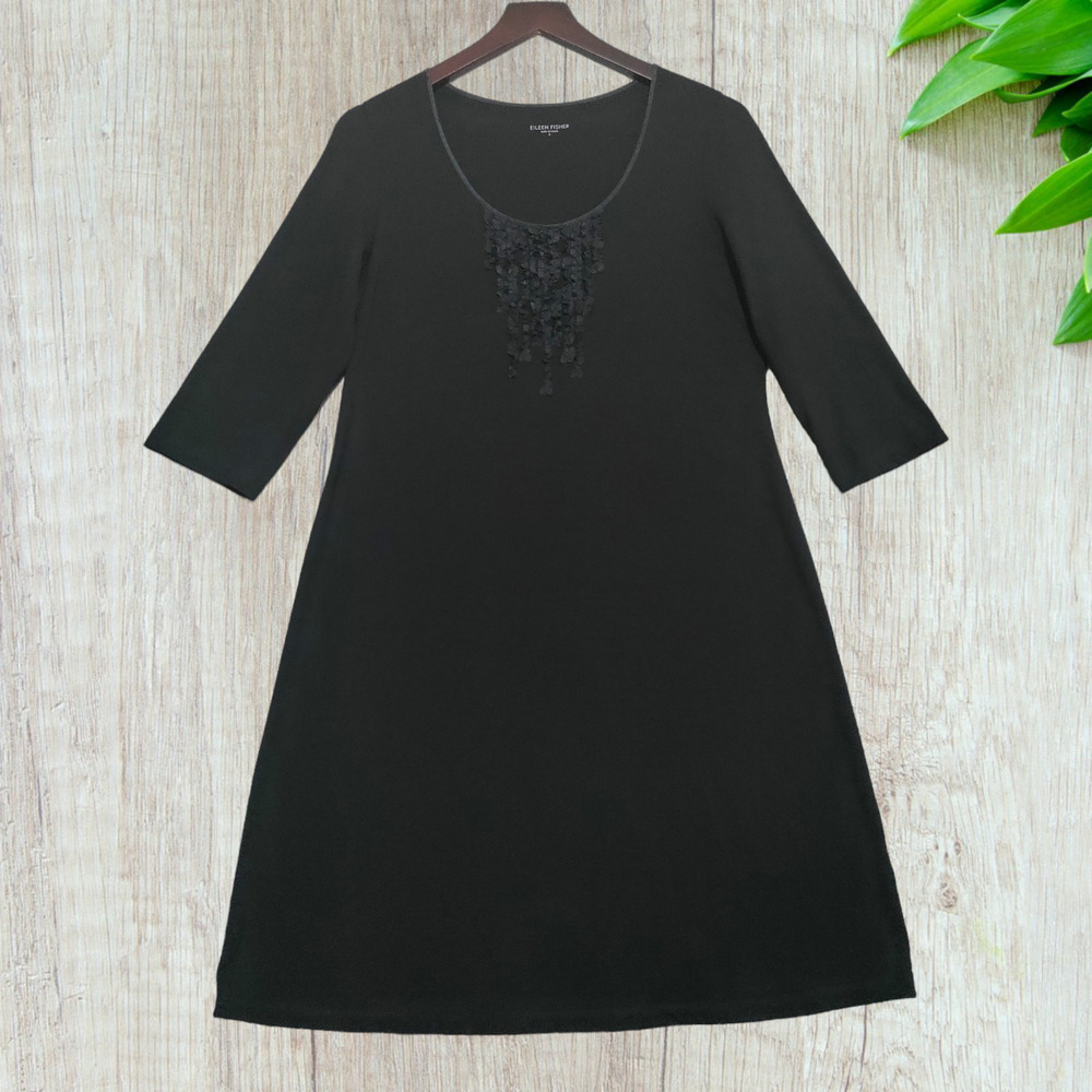 Eileen Fisher Dress Sz Small Viscose Stretch Jersey Knit Ruffle Neck‎ 3/4 Sleeve